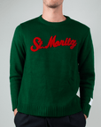 Maglione Superculture Girocollo St. Moritz in green with red lettering, casual and stylish sweater.