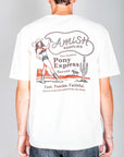 T-shirt arte cowgirl Amish con grafiche ispirate al Pony Express e design vintage.