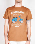 Model wearing T-shirt SuperCulture Ciao Italia art with scooter design, 100% cotton fabric, size L.