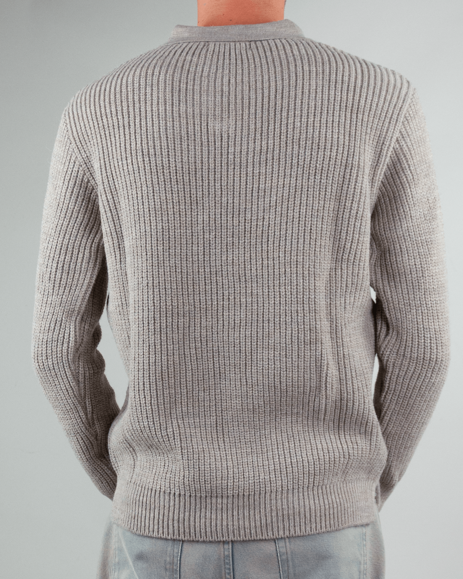 Maglia polo over Block Eleven back view with textured knit design in light gray color.