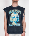 Model wearing Muscle Tee Amish art featuring a graphic design with text AMISH SUPPLIES.