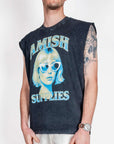 Man wearing a muscle tee featuring Amish art and a graphic design, showcasing the Muscle Tee Amish style.
