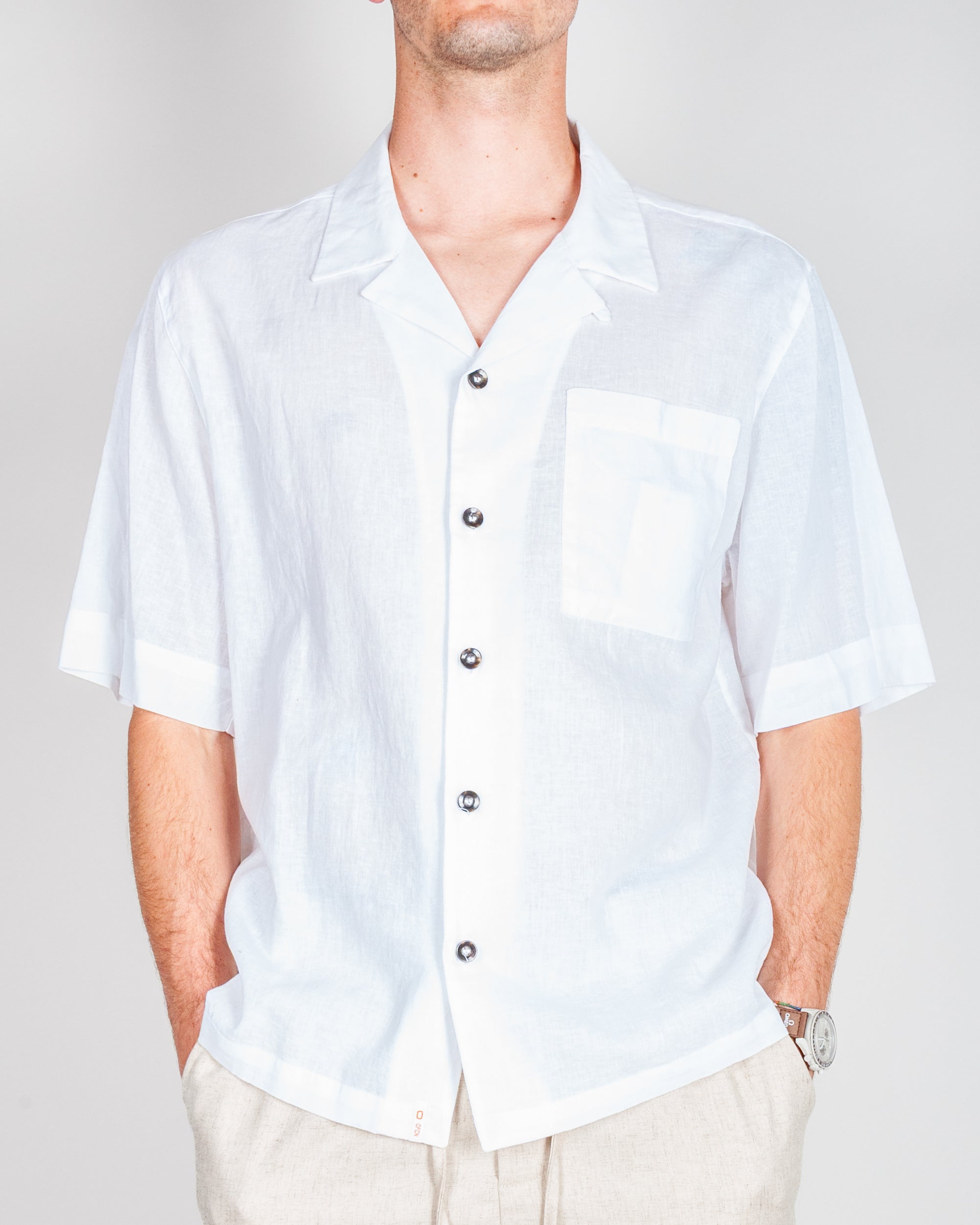 Camicia manica corta misto lino Officina 36 uomo, color bianco, stile casual e fresco per l'estate.