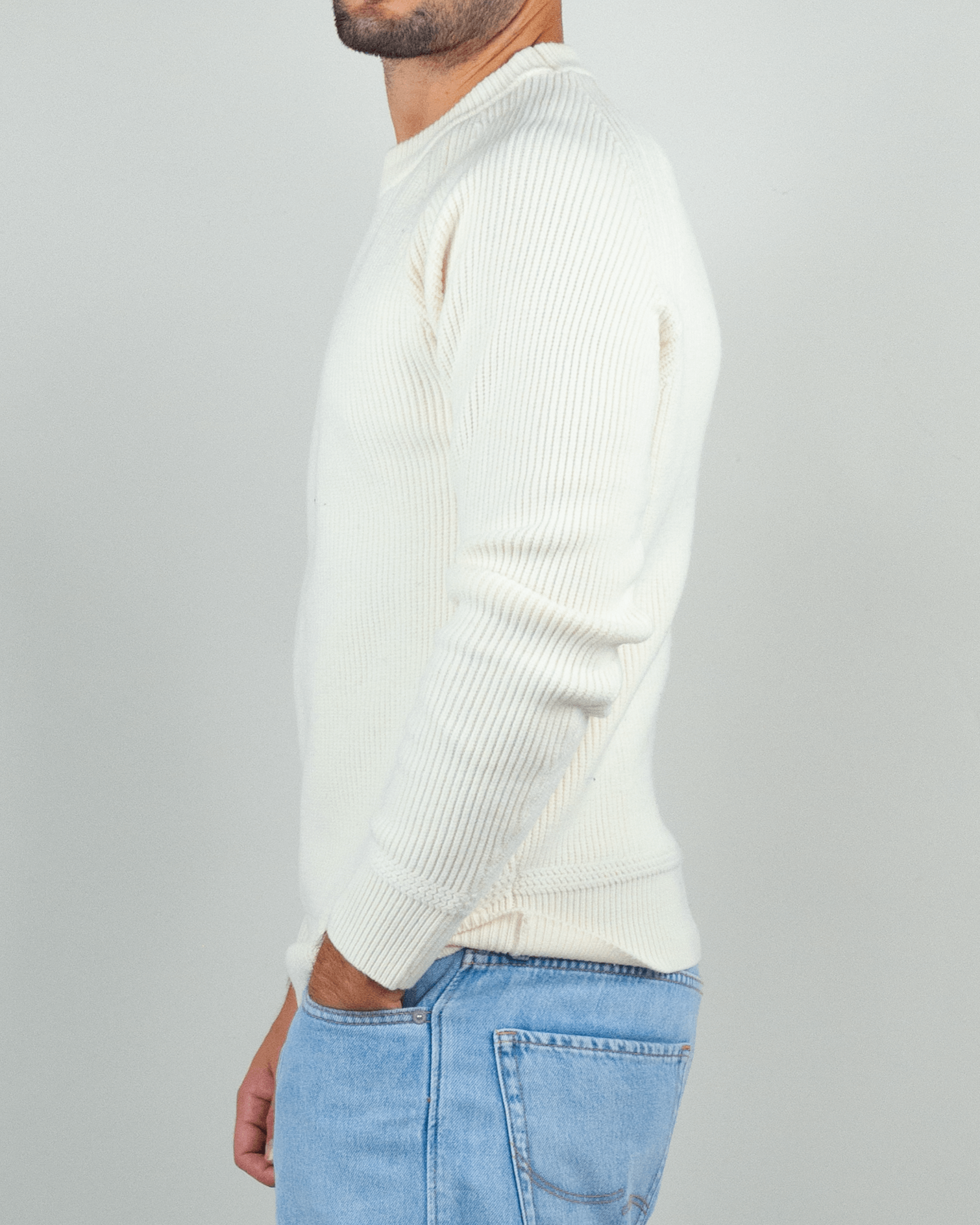 Gianni Lupo Maglia Costine Art. GL35230 in soft cream color, ribbed texture men&#39;s sweater side view.
