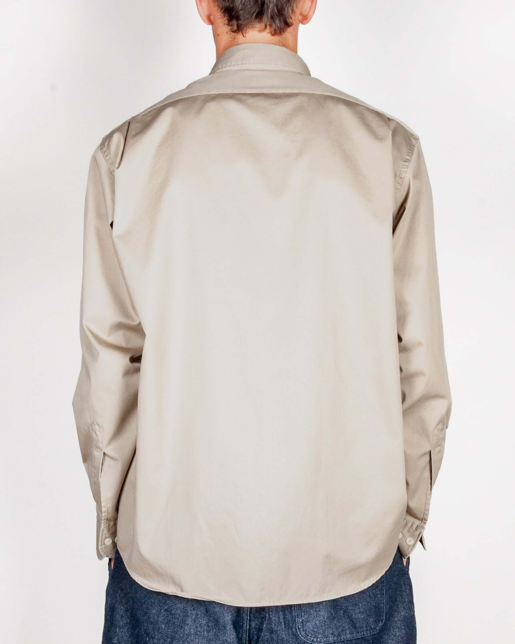 Camicia botton down cotone ricamata vista posteriore su modello maschile, colore beige, taglia L.