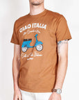 T-shirt SuperCulture Ciao Italia Art model wearing a brown cotton t-shirt with scooter graphic